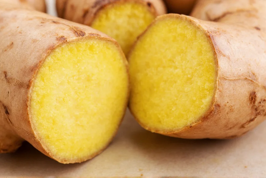 Close-up of fresh raw ginger root with visible fibrous texture and golden interior