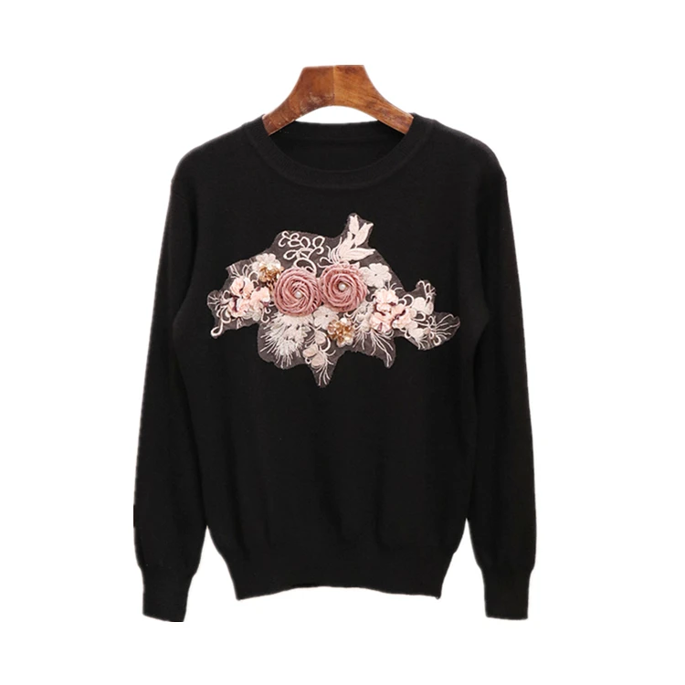 

New women's knitted sweater heavy-duty embroidery sequins three-dimensional flower and bird nest long sleeve round collar collar