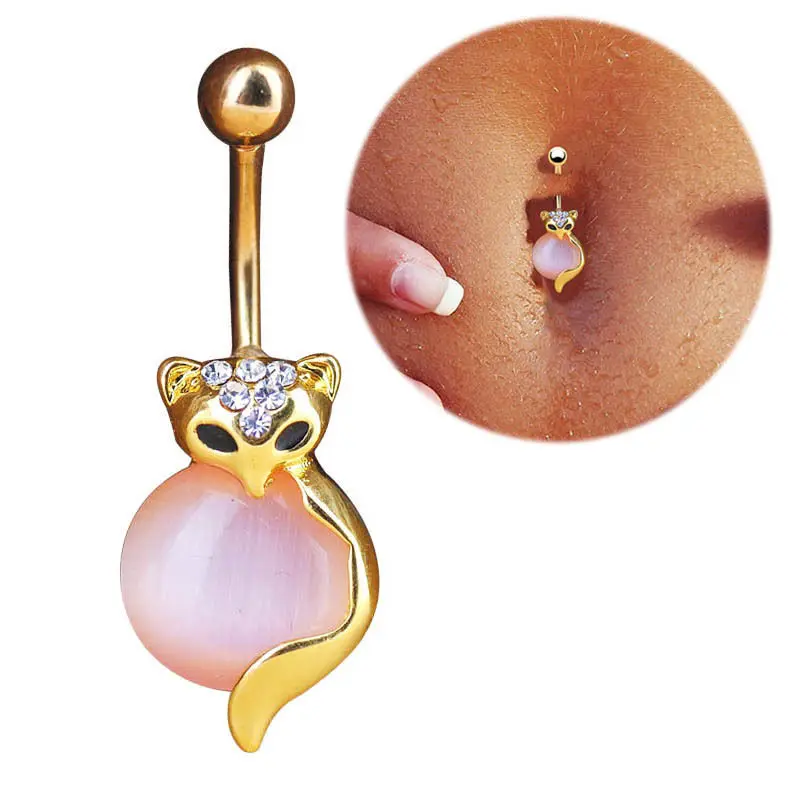 

316L Surgical Steel Belly Button Rings Cute Animal Fox Ombligo Body Jewelry Pink Opal Fox Dangle Navel Ring Piercing
