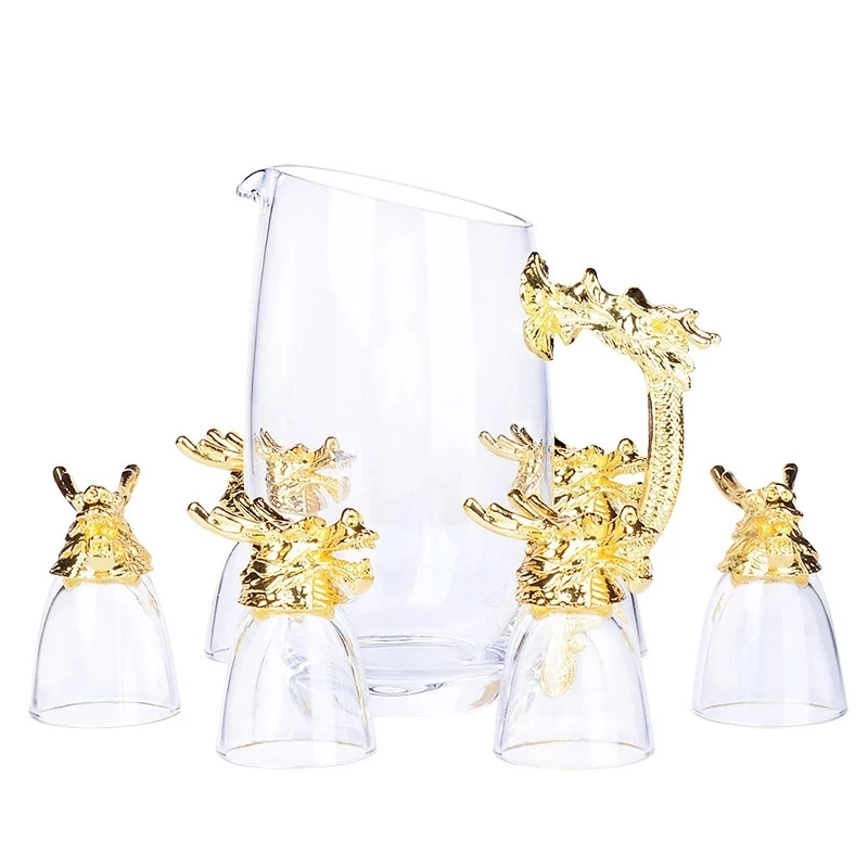 

Chinese Retro Twelve Zodiac Sign Faucet Spirits Liquor Shot Glass Decanter Set 3D Metal Dragon Head Sake Vodka Cups Dispenser