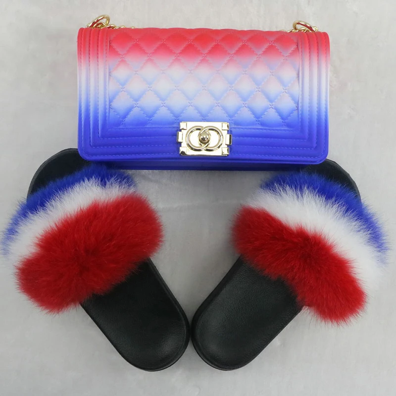 

2021 Custom Best Selling Fashion Ladies Rainbow Color Soft Fox Fur Sandals PVC Material Handbags Sets Kids Purse And Shoe Set