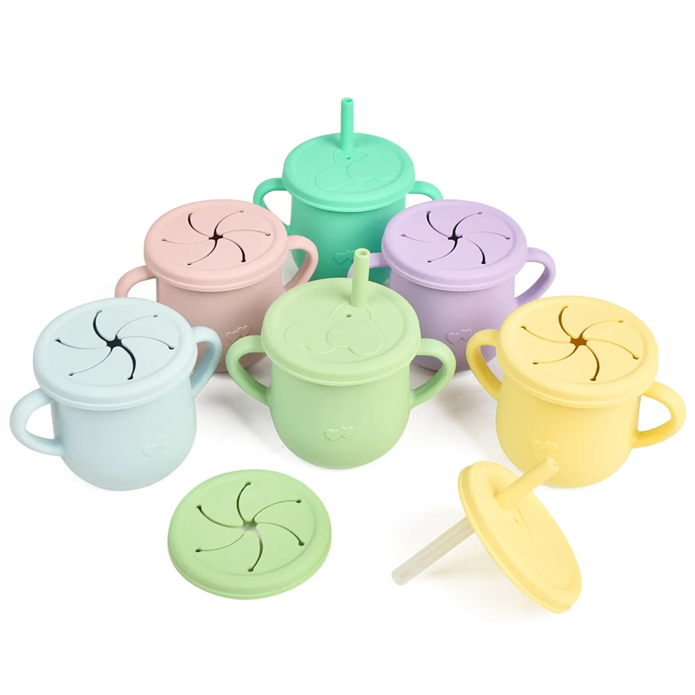 

Non Spill Custom Eco Kids Drinking Training Cup Food Grade Snack Cup Baby Silicone Sippy Cup With Straw