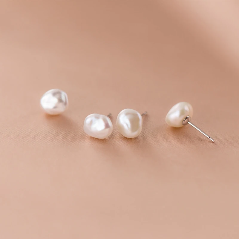 

S925 Sterling Silver Irregular Natural Freshwater Pearl Stud Earrings For Women Girls Wedding Party FIne Jewelry