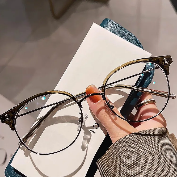 

9541 Retro oval Oversized Metal Glasses Simplicity half Frame Women Clear Anti Blue Ray Men Optical personality good-looking