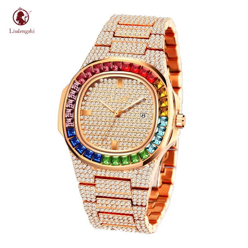 

Luxury Custom Square Hip Hop Rose Gold Bling Iced Out Watch Fully Diamond Colorful Multi Color Rainbow Watches For Men