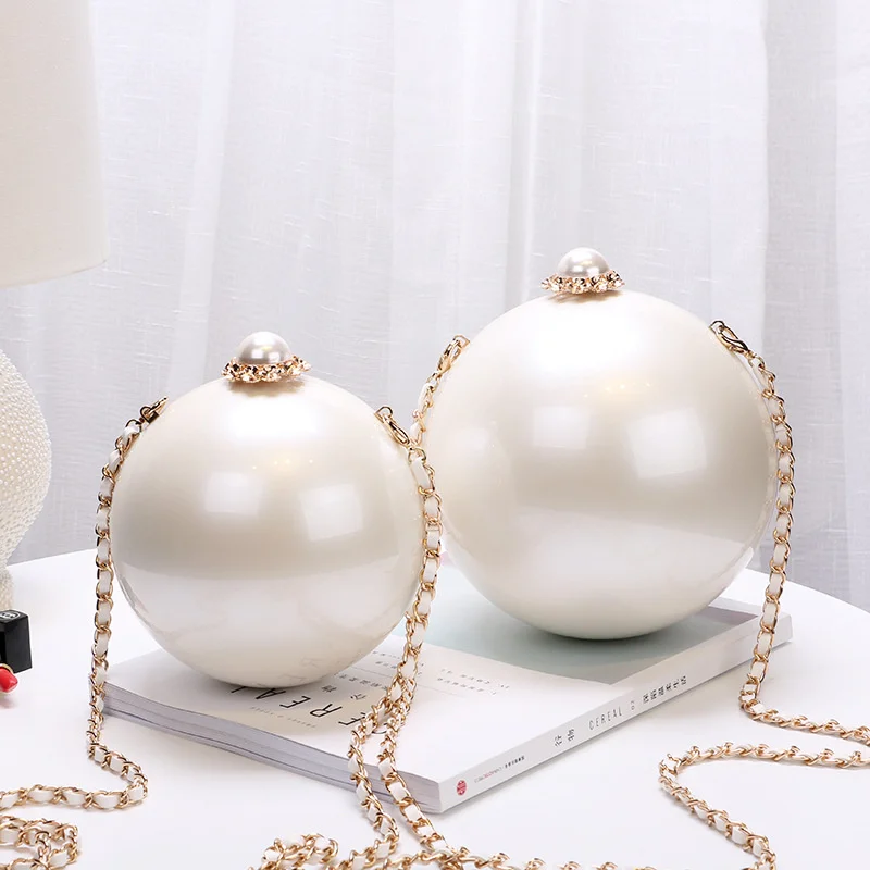 

cream white acrylic evening bags round ball ladies shoulder handbags wedding purses women party bridal clutch with pearls chain, 2 colors