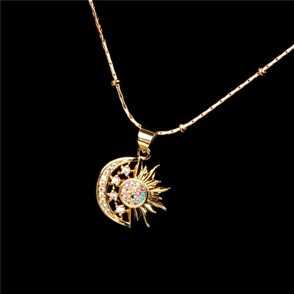 

Wholesale Vintage Real Gold Plated Sun Moon Pendant Necklace Colorful Crystal Rhinestone Gold Tone Sun Moon Pendant Necklace