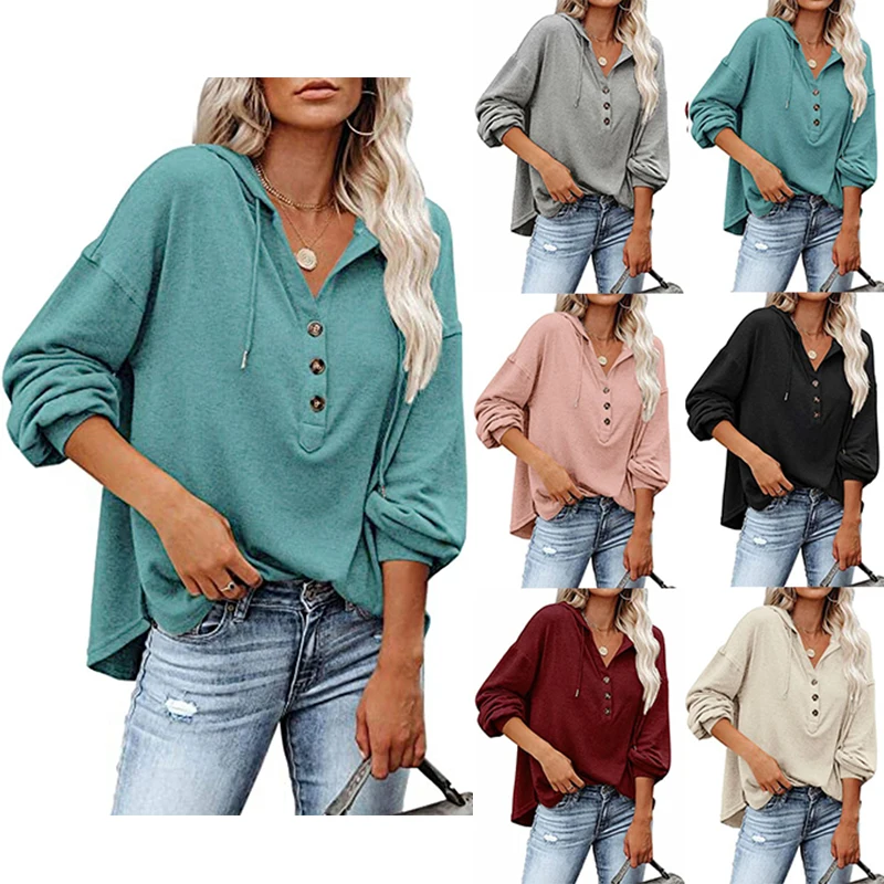 

Hot Sale Women Loose V Neck Colorful Lace Blouse Hoodies With Button Zip, Picture shows