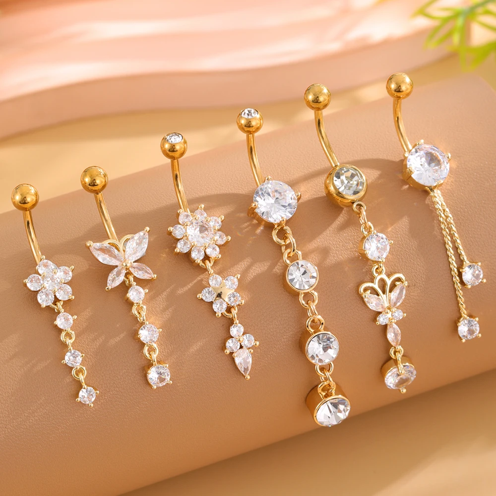 6Pcs/Set Stainless Steel Belly Piercing Rings Butterfly Chain Belly Button Ring Set Ladies Classic Dangle Jewelry Daily Wear