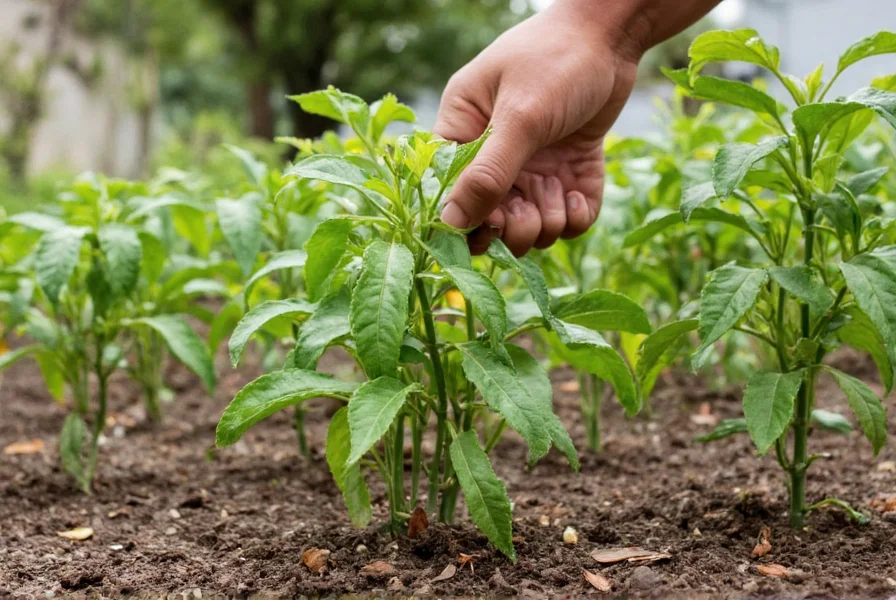Gärtner prüft Bodenfeuchtigkeit bei Paprika-Pflanzen