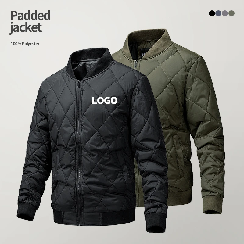 Diamond Lattice Standing Collar Zipper Puffer Bomber Jacket for Men