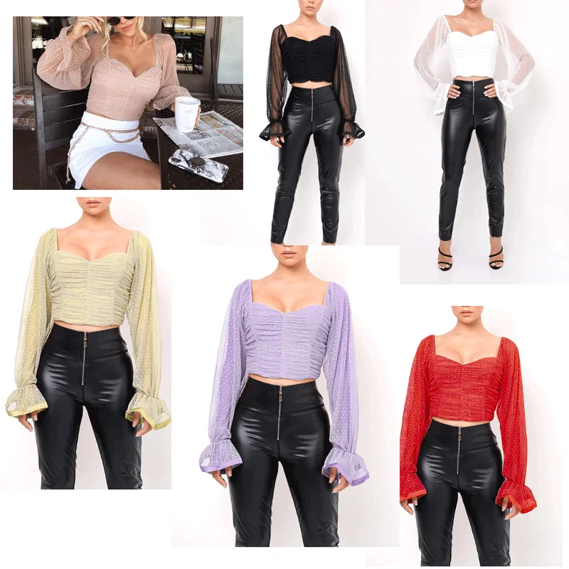 

ZC H3C31004 New Ladies Casual Deep V-Neck Off Shoulder Slim Sexy Backless Single-Breasted Long Puff Sleeve Tops, As picture you see