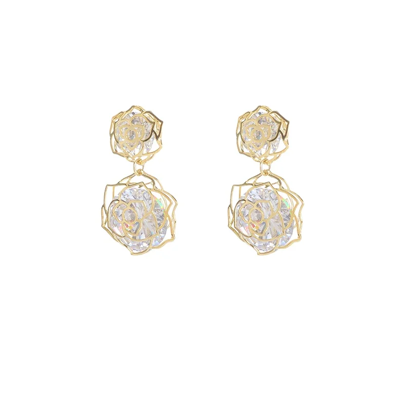 ED89591 Korean crystal hollow flower drop stud earrings fashion gold plated women jewelry