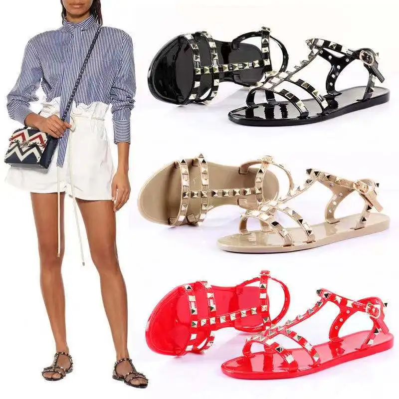 

ladies shoes flat casual Rivet Jelly Slippers Pvc Sandals Outdoor Casual Flat Women Jelly Flip Flops women shoes slipper, Black/red/apricot