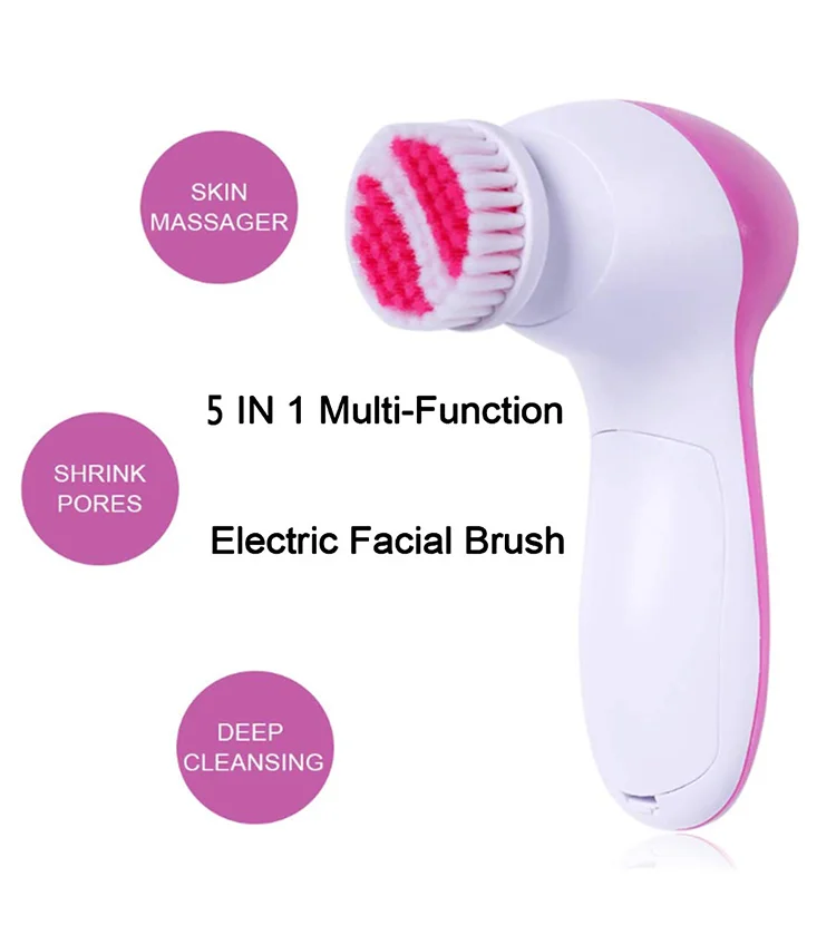 

5 in 1 clear deep pore cleaner rechargeable device sonic face facial cleansing cleanser brush and massager, Pink