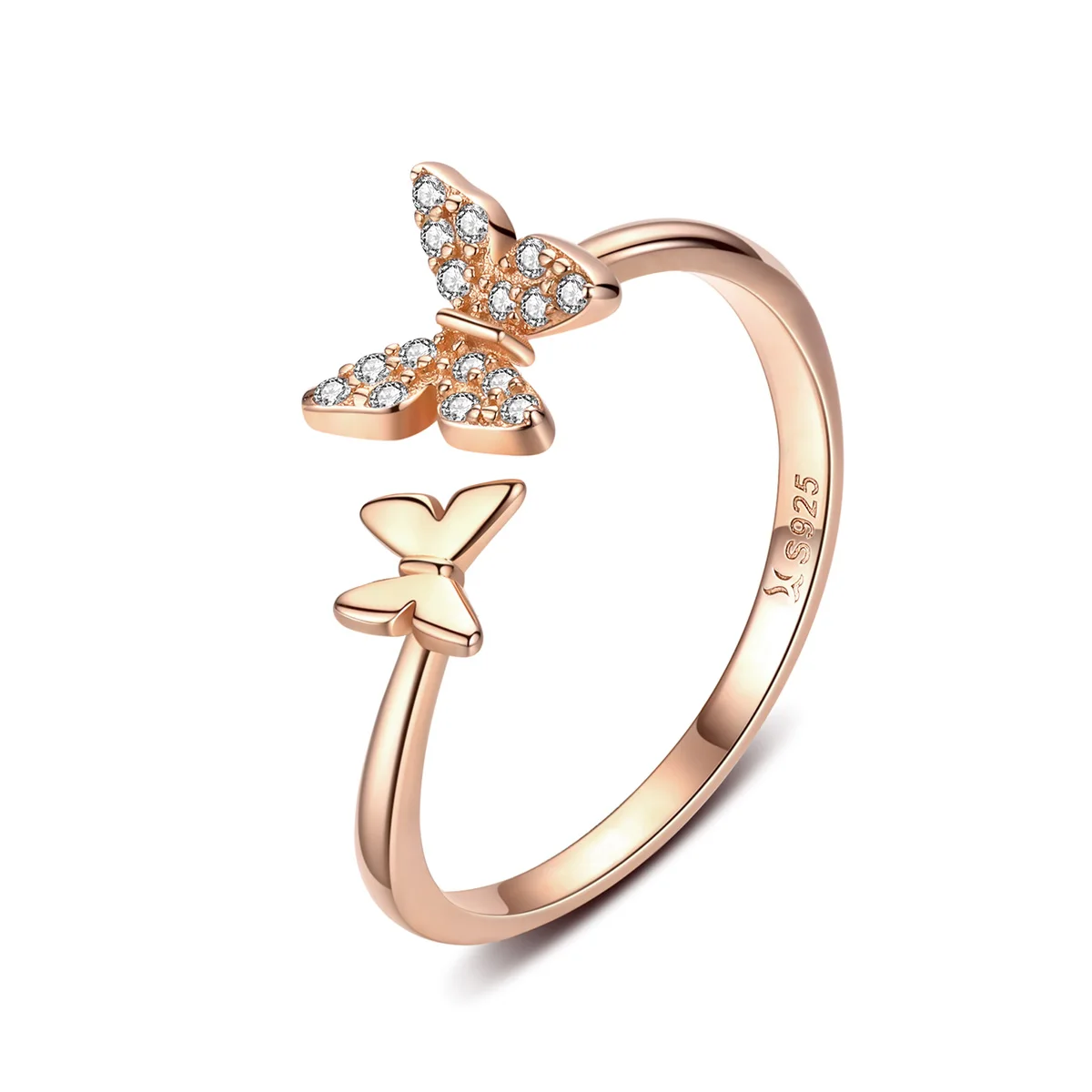 

S925 sterling silver open ring high quality CZ zircon inlaid rose gold plated butterfly shape ring