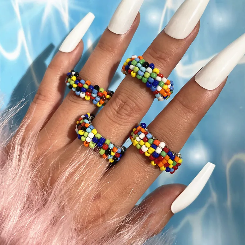 

4 Pcs/Set Classic Men Women Colorful Beads Multi Loop Winding Ring Unique Opening Holiday Ring Set Couple Commemorative Gift, Silver