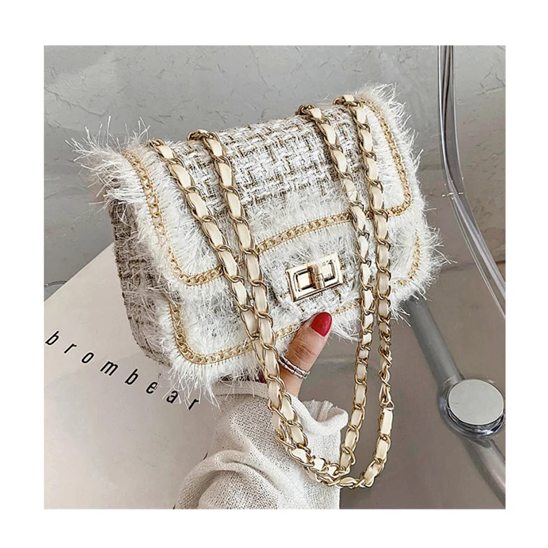 

Winter Gentle Style Tassel Border Tweed Crossbody Bag Women Fashion Woolen Chain Shoulder Bag Designer Lady Square Handbag Purse