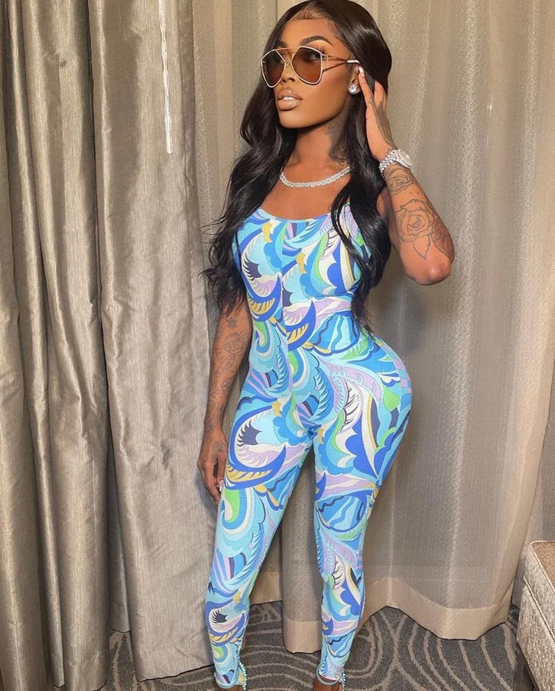 

QC-P003729 Custom printed club wear strap one piece jumpsuits for summer women