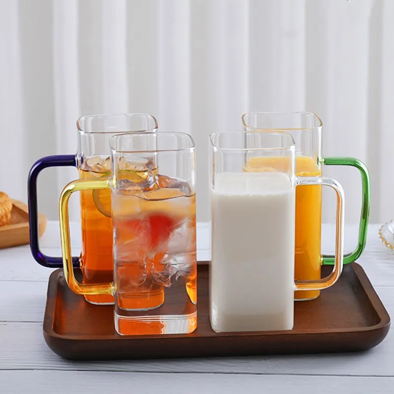 

Square high borosilicate glass cup for milk and juice with color handle and bamboo lid with straw, Clear