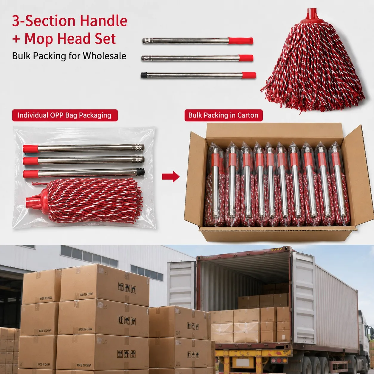 Three-section handle and mop head set shown in individual OPP bag packing and bulk packing in a carton