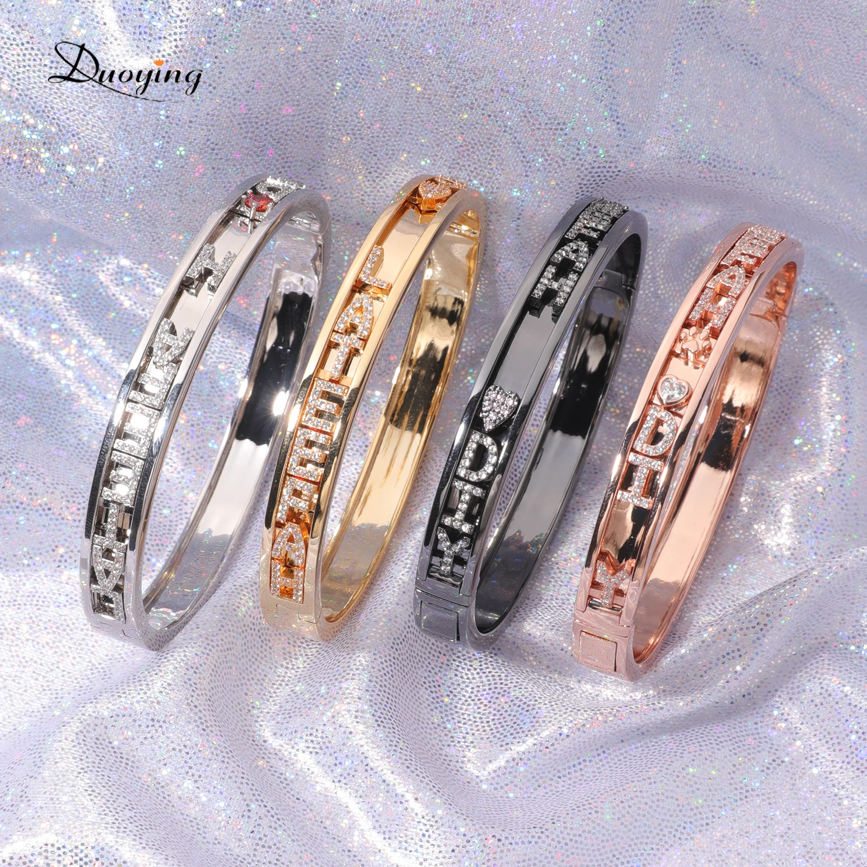 

4 Colors Custom Jewelry Bangle With Movable And Sliding Charms Gold Plated Bracelet Letter Charm Bracelet