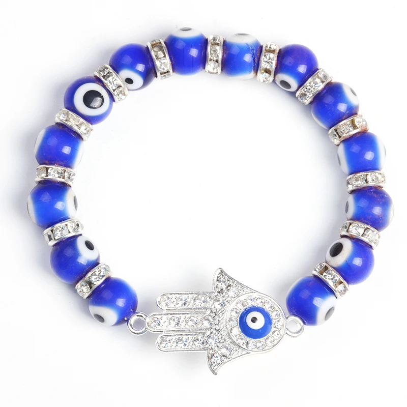 

Hot Selling Alloy Antique Silver Hamsa Glass Blue Evil Eye Bead Bracelet With Crystal Diamond for Unisex