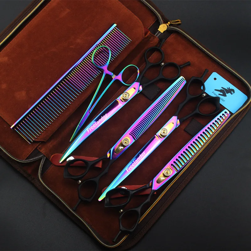

8.0 Inch Shaped Scissors Grooming Pet Fishbone Teeth 4 Scissors Set Handle Veterinary Animal color Black Straight
