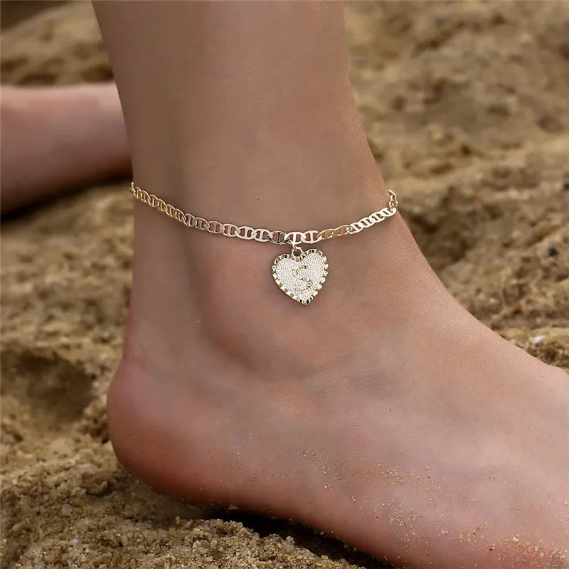 

Duoying gelang kaki summer 14k gold plated copper anklets mariner chain heart anklets women gift initial anklet