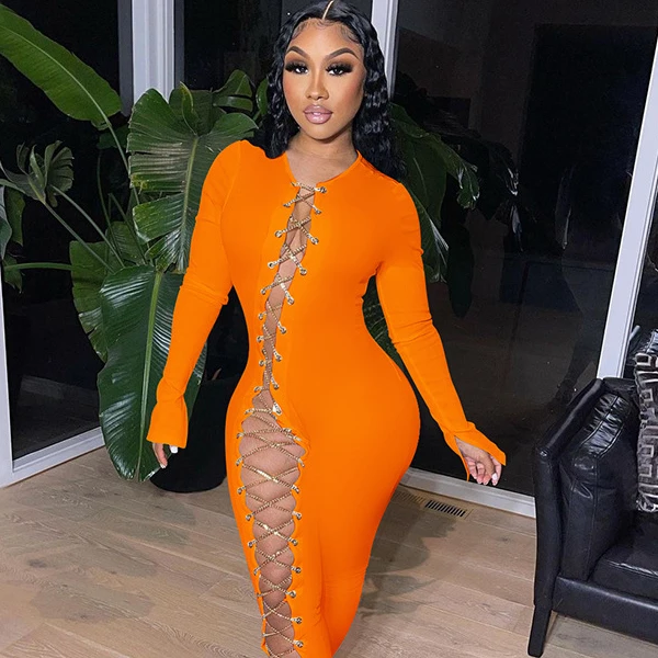 

Classy Pure Color Bandage Long Sleeve Jumpsuit One Piece For Women 2021 Club Sexy Wear -CY, Black,white,orange