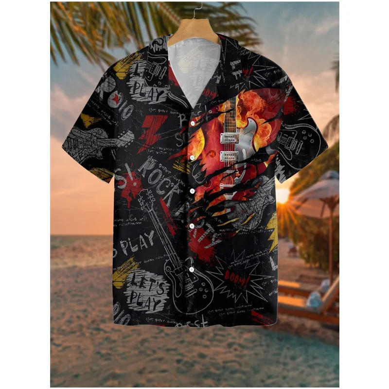 

2022 Newest Short Men's Shirts Button Up Guitar Summer Beach Hawaiian Print Shirts, Customized color