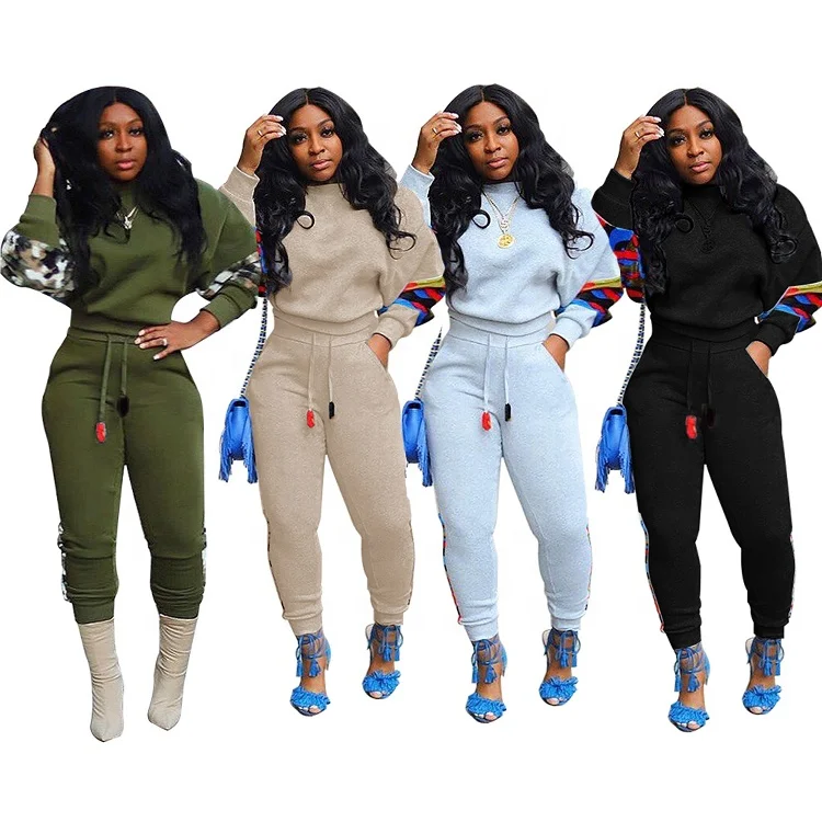 

Printed Patchwork Sweat Suits Long Sleeve Pants Tracksuit Two Piece Set Women Clothing, Beige / gray / black / army green