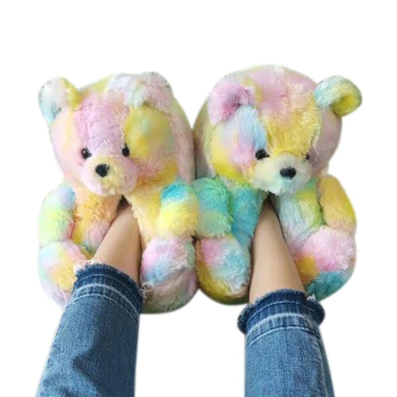 

Teddy Bear Slippers Free Shipping High Quality Slippers Soft Fur Slides Home Indoor Slippers Wholesale For Women, Black yellow red blue