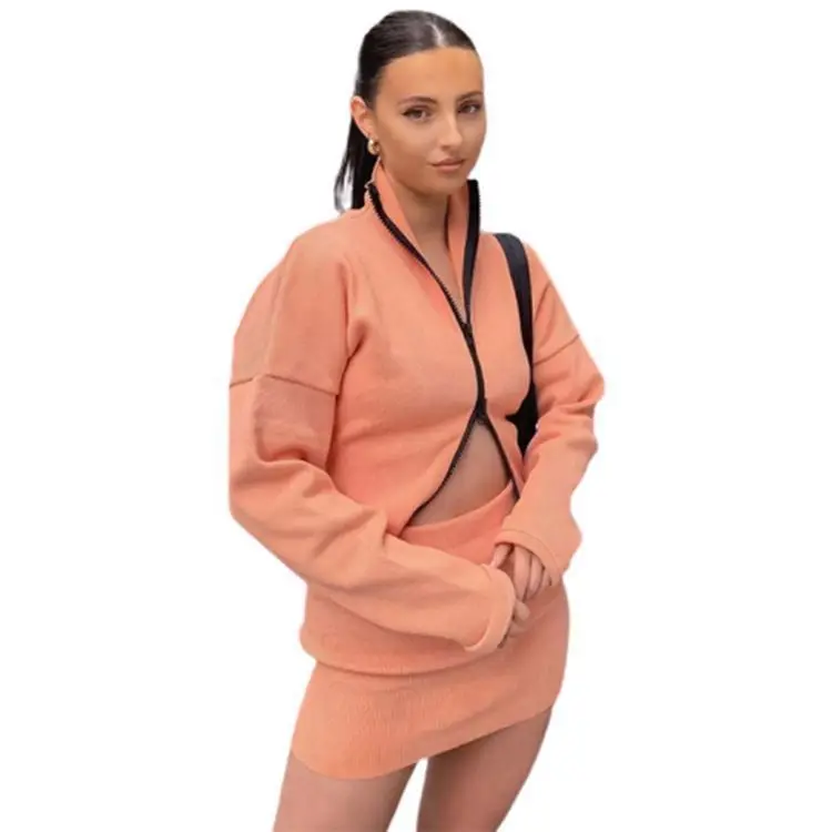 

2020 Fashion Zipper Solid Color Long Sleeve Top Skirt 2 Pieces Women Fall Clothing Two Piece Set