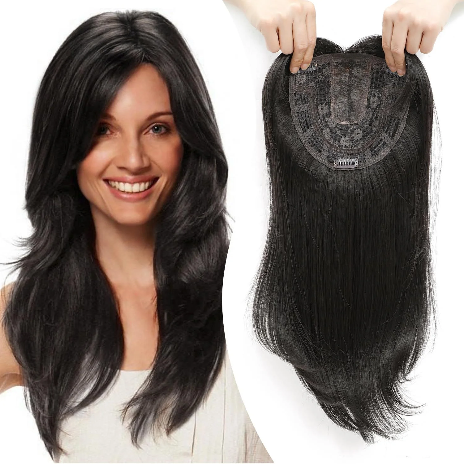 Hot Sales Women Hair Mono Base Silk Toupee With Clip in Hair Topper With Bangs Synthetic Wigs for Thin Hair Women
