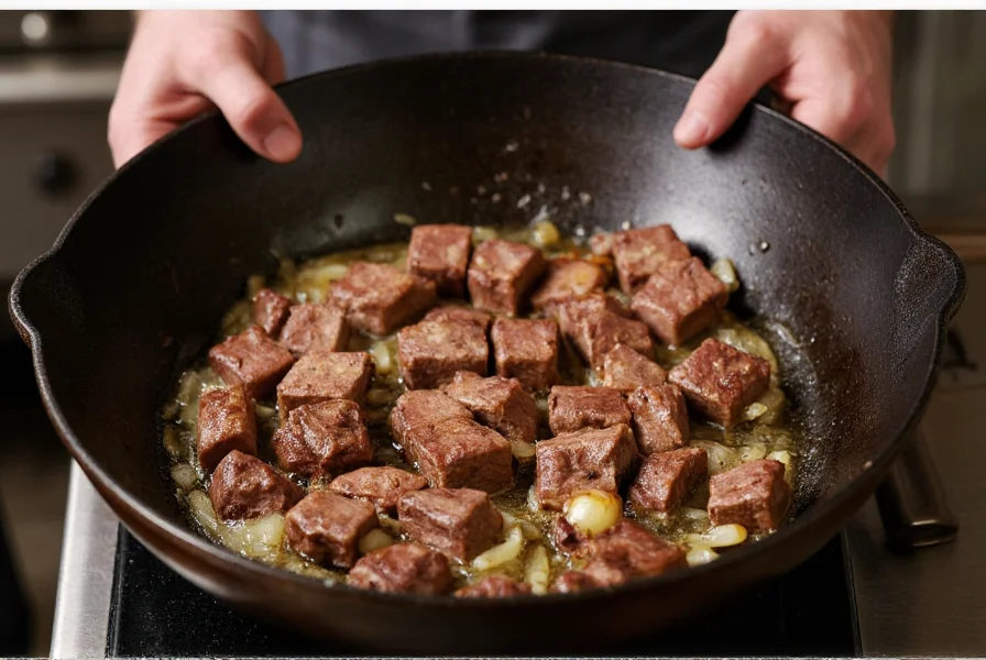 Professional chef browning venison cubes in cast iron skillet with onions and garlic