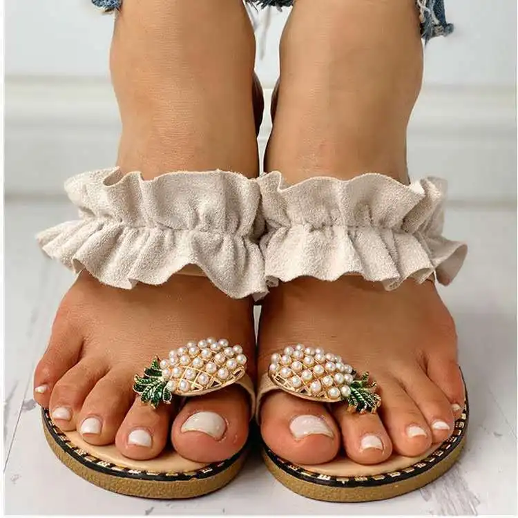 

Women Flats Slippers Summer Casual Flip Flops Flowers Pearl Woman Flat Shoes Comfortable Female Beach Sandals, As shown
