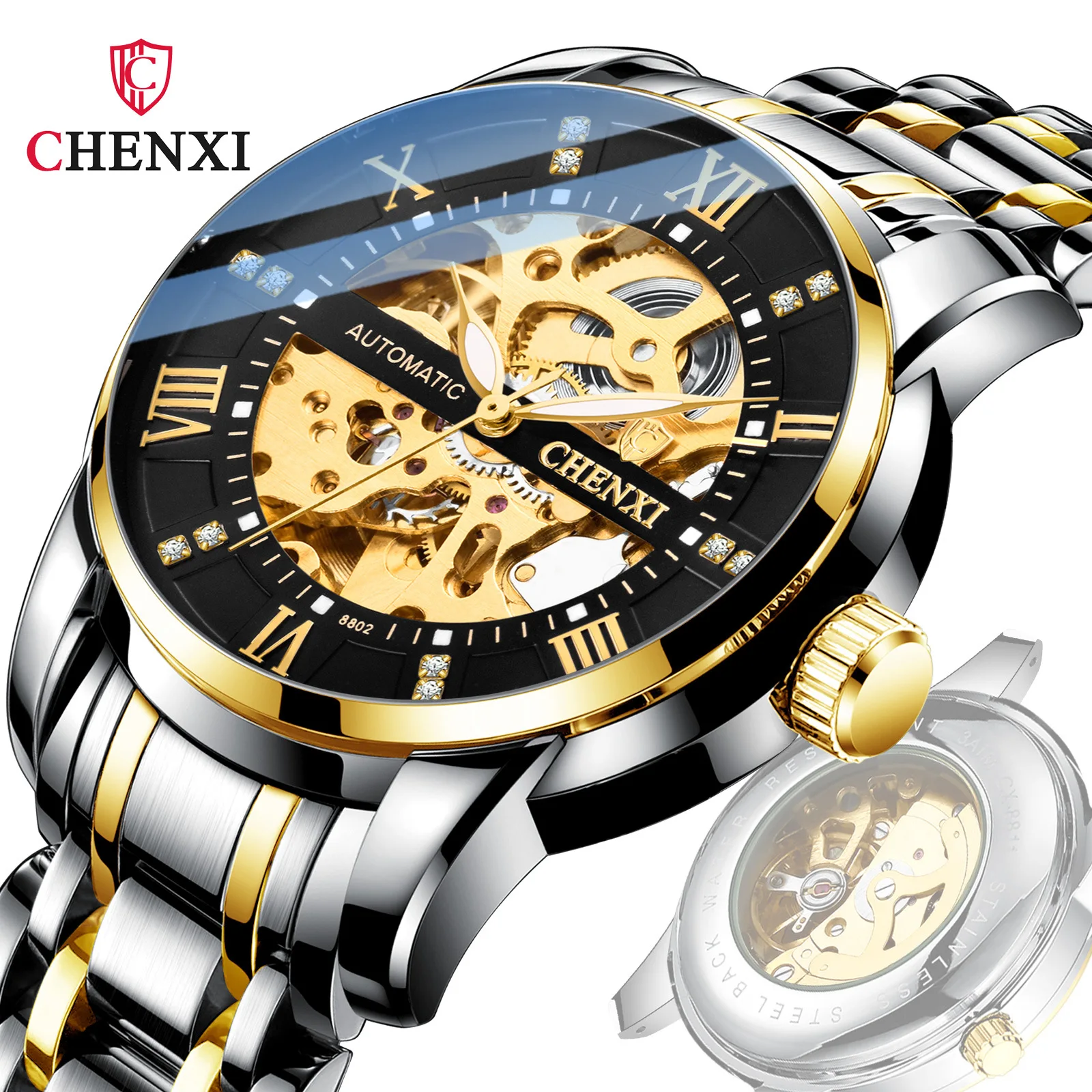 

CHENXI New 8802 Watch Men Automatic Mechanical Waterproof Stainless Steel Brand Luxury Tourbillon Clock Business Wristwatch, 3-colors