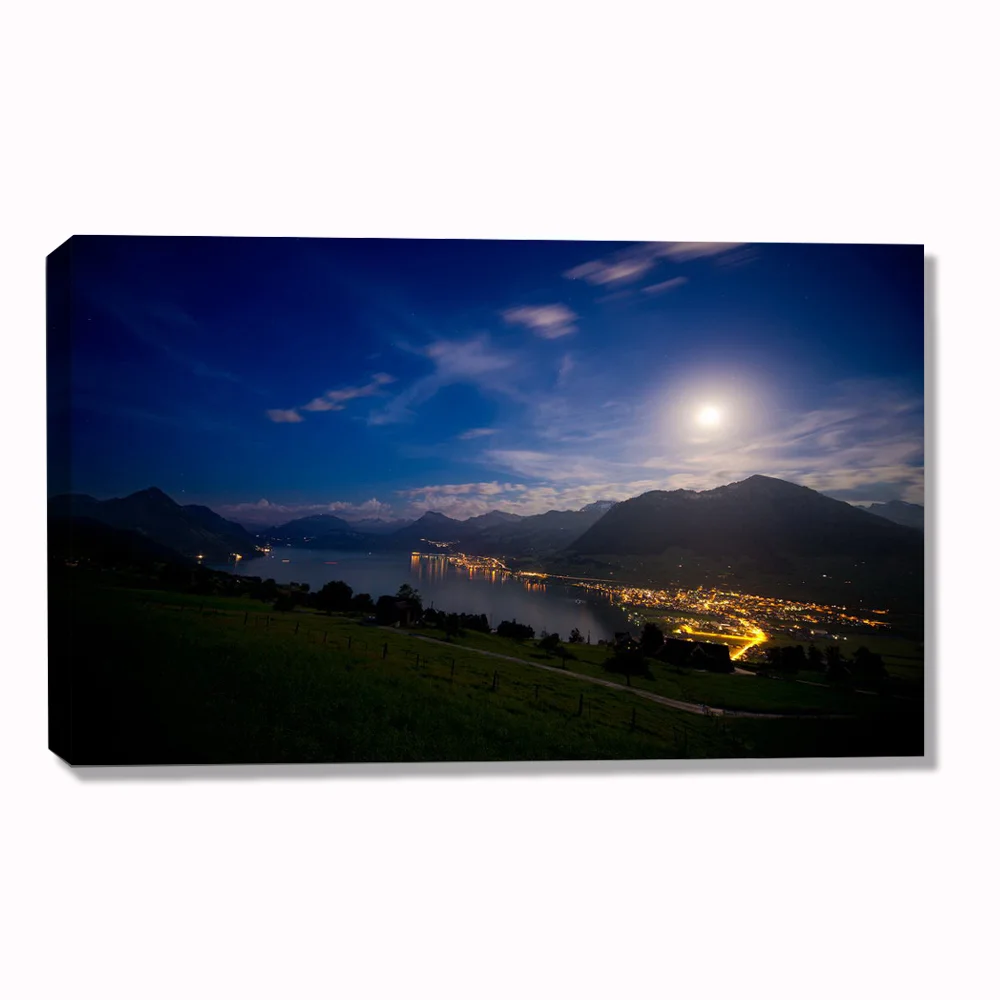 Night Beautiful Month Village Scenery Pictures LED Canvas Art For Home Decoration