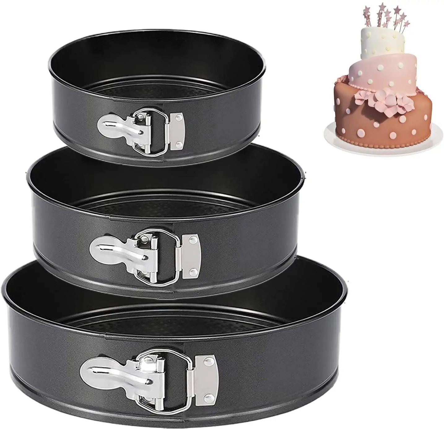 

Springform Pan Cake mold Tin Set of 3 Pcs Round Non-stick Bakeware, Black