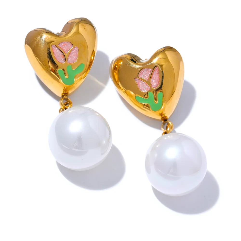 

JINYOU 2627 Stainless Steel Cast Heart Imitation Pearls Drop Sweet Earrings for Women Gold Color Elegant Romantic Jewelry Gala
