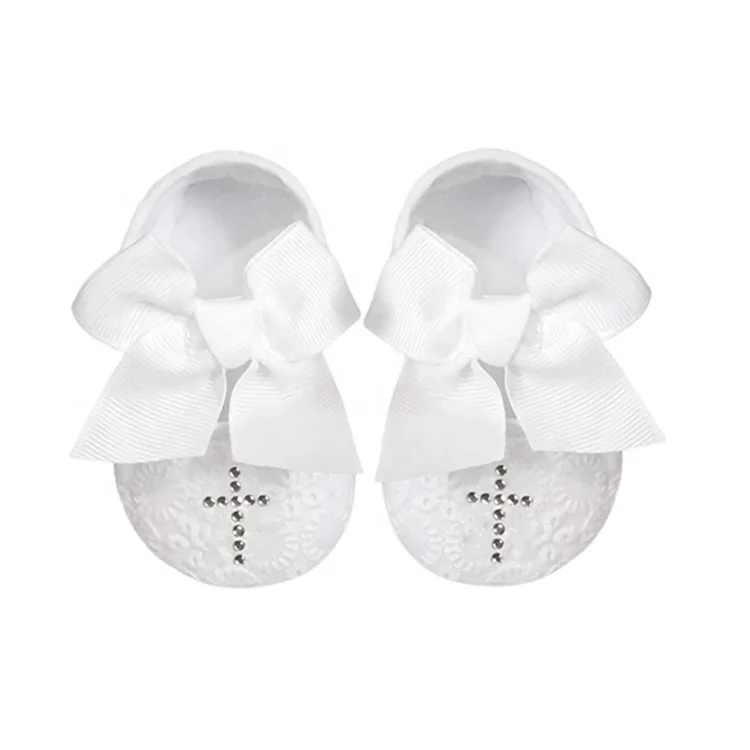 

White Lace Embroidery Cotton Baptism Newborn Baby Shoes Rhinestone Infant Cross Christening Shoes, White/ custom