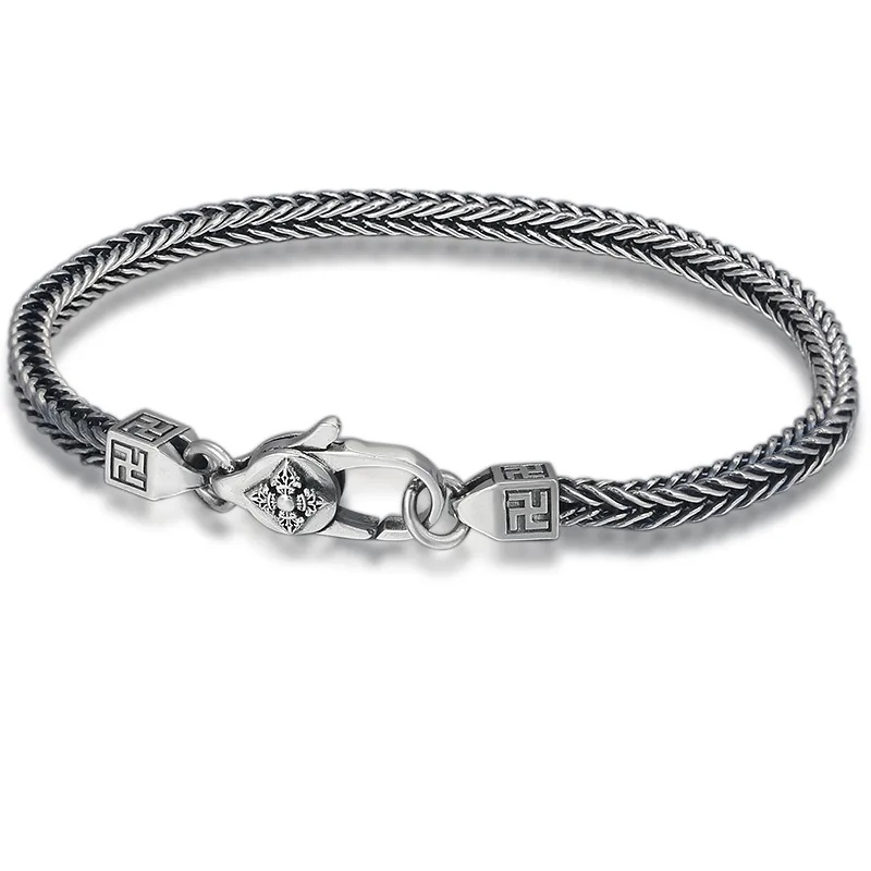 

4mm Wholesale S925 Sterling Silver Bracelets for Men and Women Vintage Retro Fashion Vajra Fox Chain Jewelry