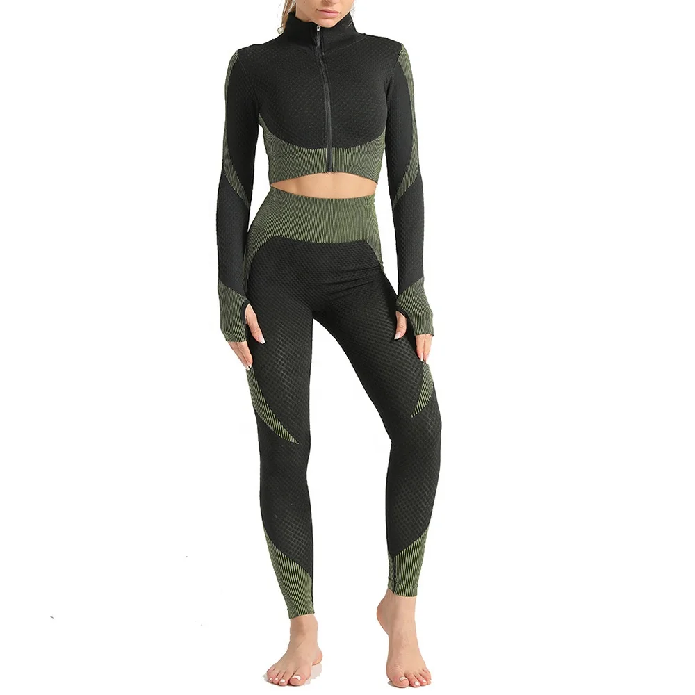 

Custom Logo Women 2 Piece Outfits Thumb Hole Front Zipper Crop Top With Butt Lift Shaping Pants Workout Yoga Set
