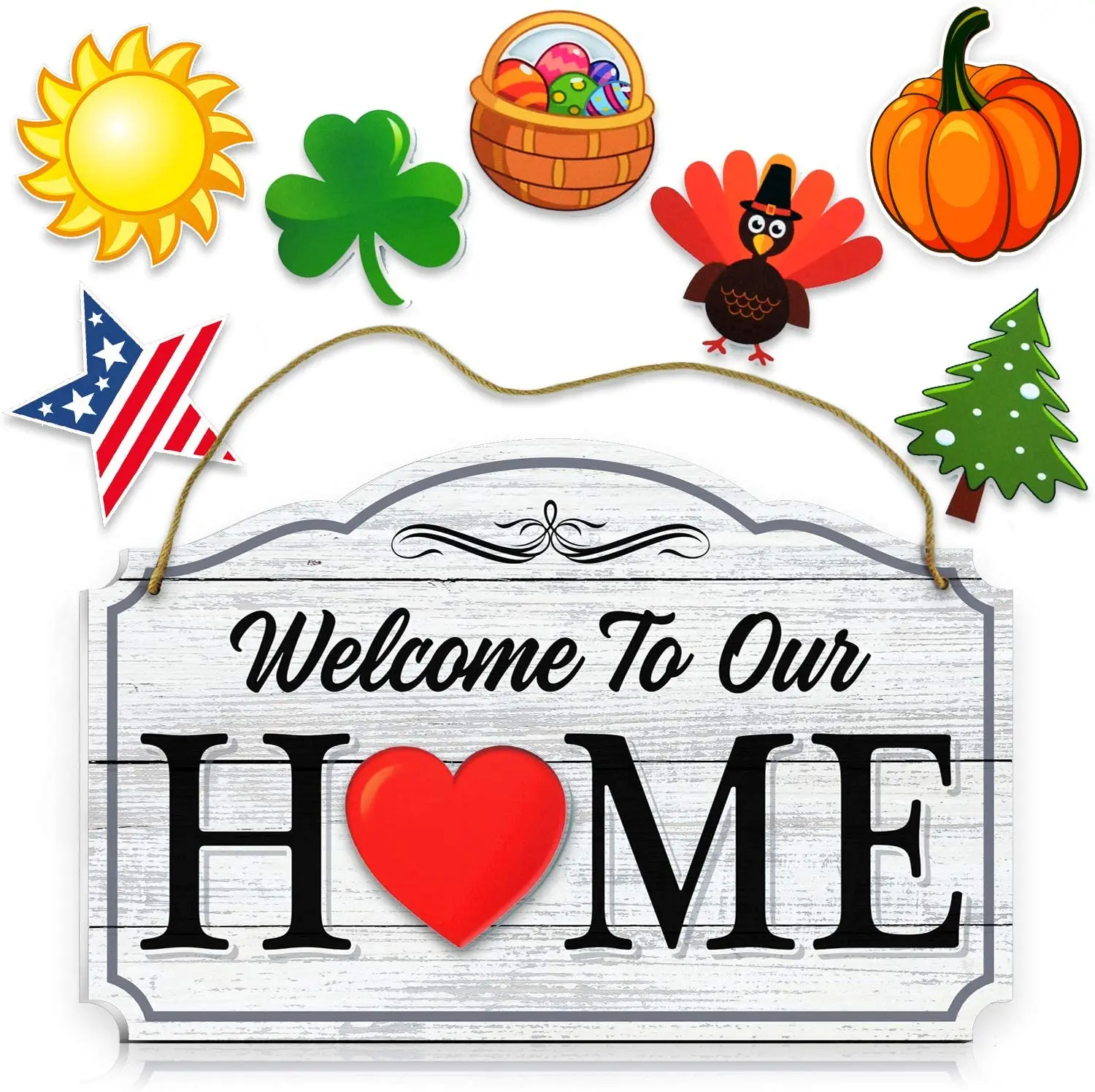 

Welcome Signs White Wood Grain Print Door Wall Decor Halloween Easter Fall Christmas Valentines Front Porch Hanging Decoration