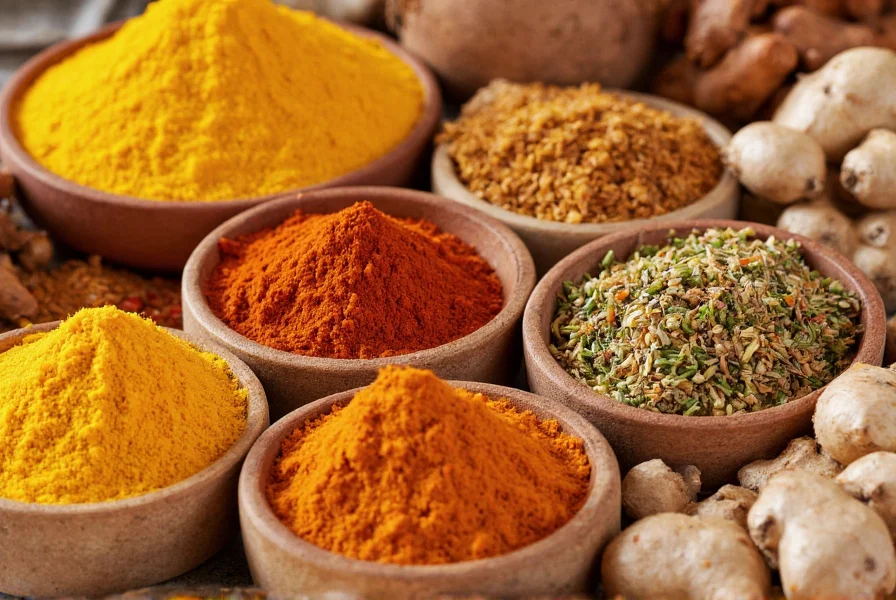 Close-up of various spices including turmeric, cumin, coriander, and ginger arranged in small bowls