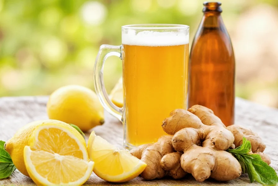 Glass of homemade ginger ale with fresh ginger slices and lemon garnish