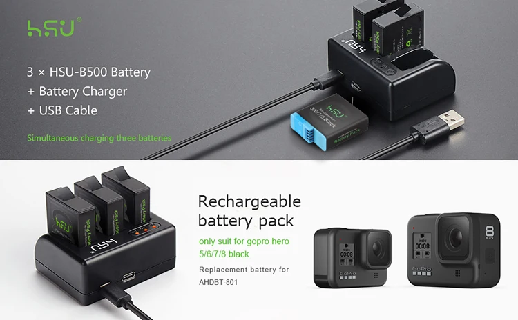 Ensemble de batteries rechargeables HSU pour Go Pros HERO8/HERO7/HERO 6, accessoires de caméras vidéo d'action noires