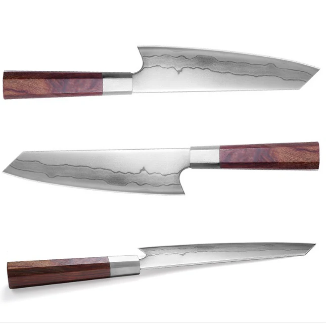 

Contact us for big discount 8inch USA 7 layers 440C Stainless steel wooden handle kitchen Gyuto knife with unique pattern blade, Customized color