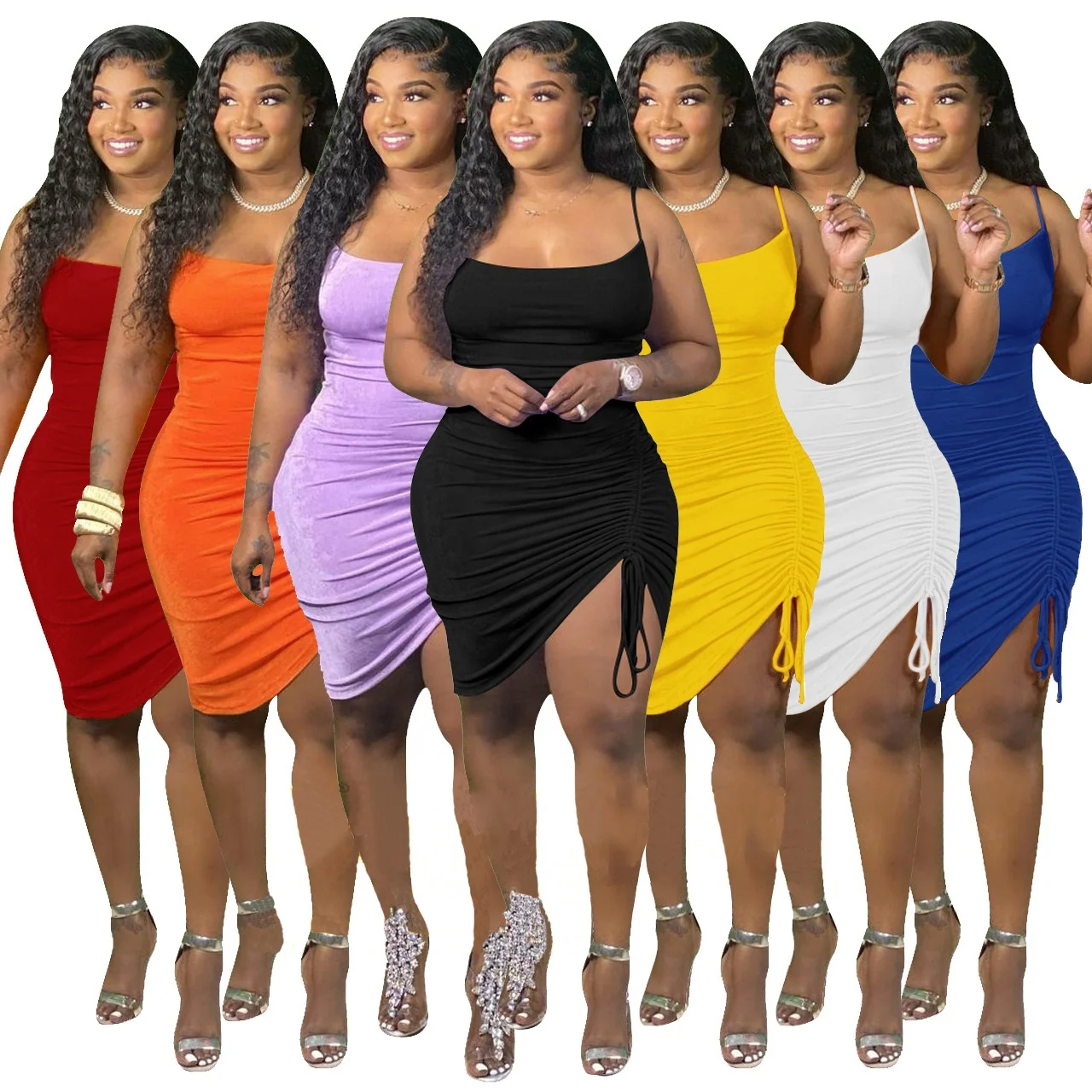 

DLL 2021 Hot sell fashion Multicolor sling unilateral maxi plus size halter single side pleated slim fitted dresses slim sexy, As picture or customized make